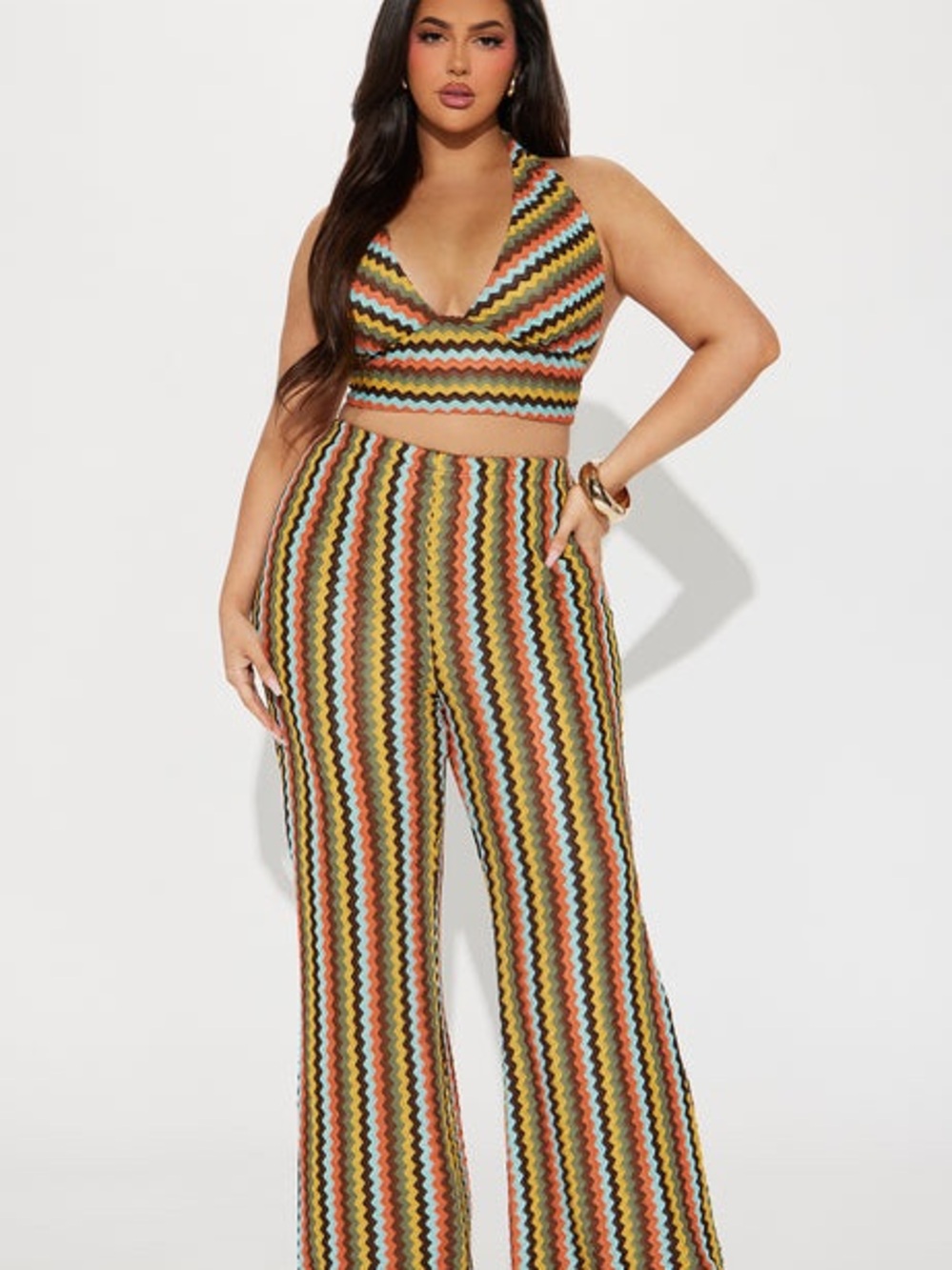Fashion Nova Multicolor Zigzag Halter Crop Top & Wide-Leg Pants Set
